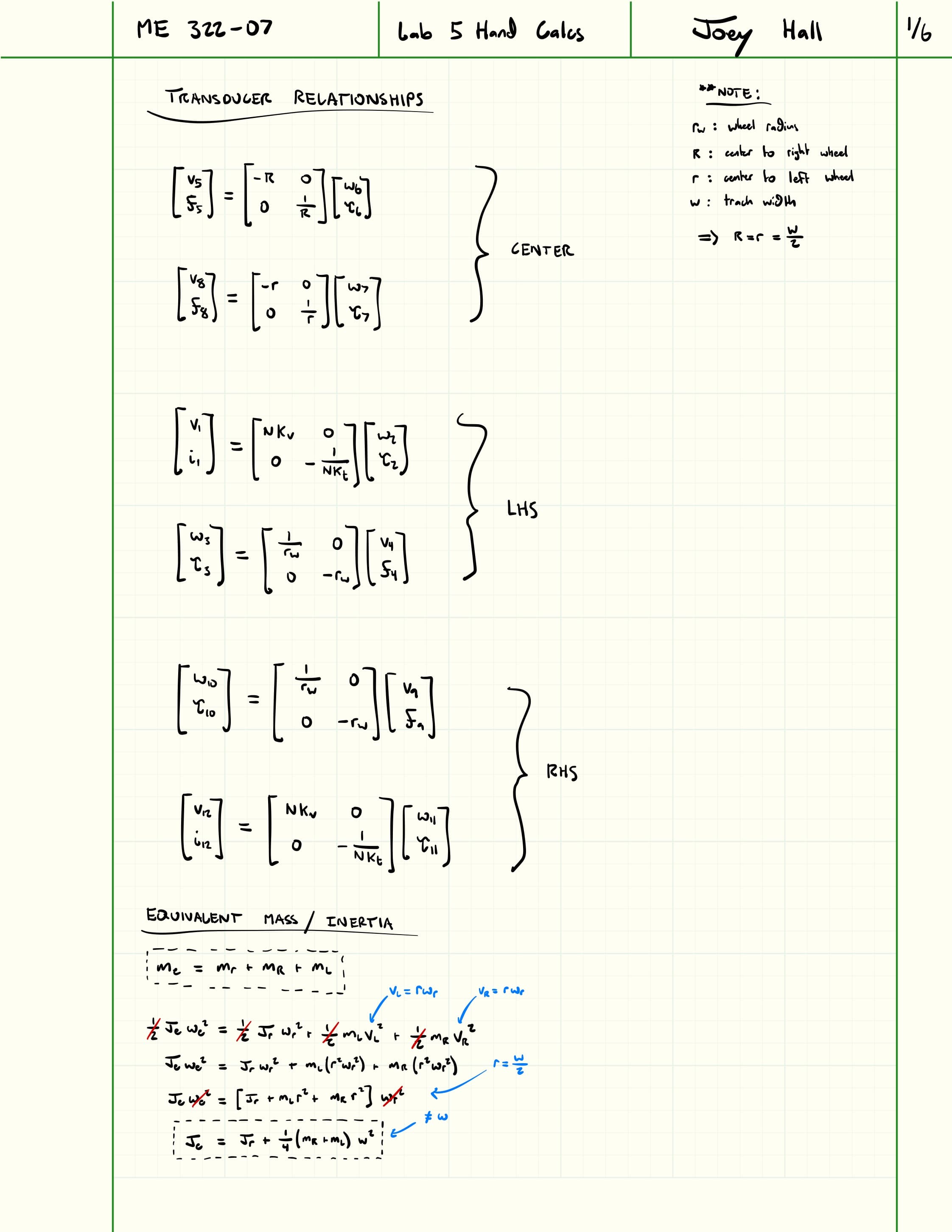 First page of differential-drive robot hand calculations