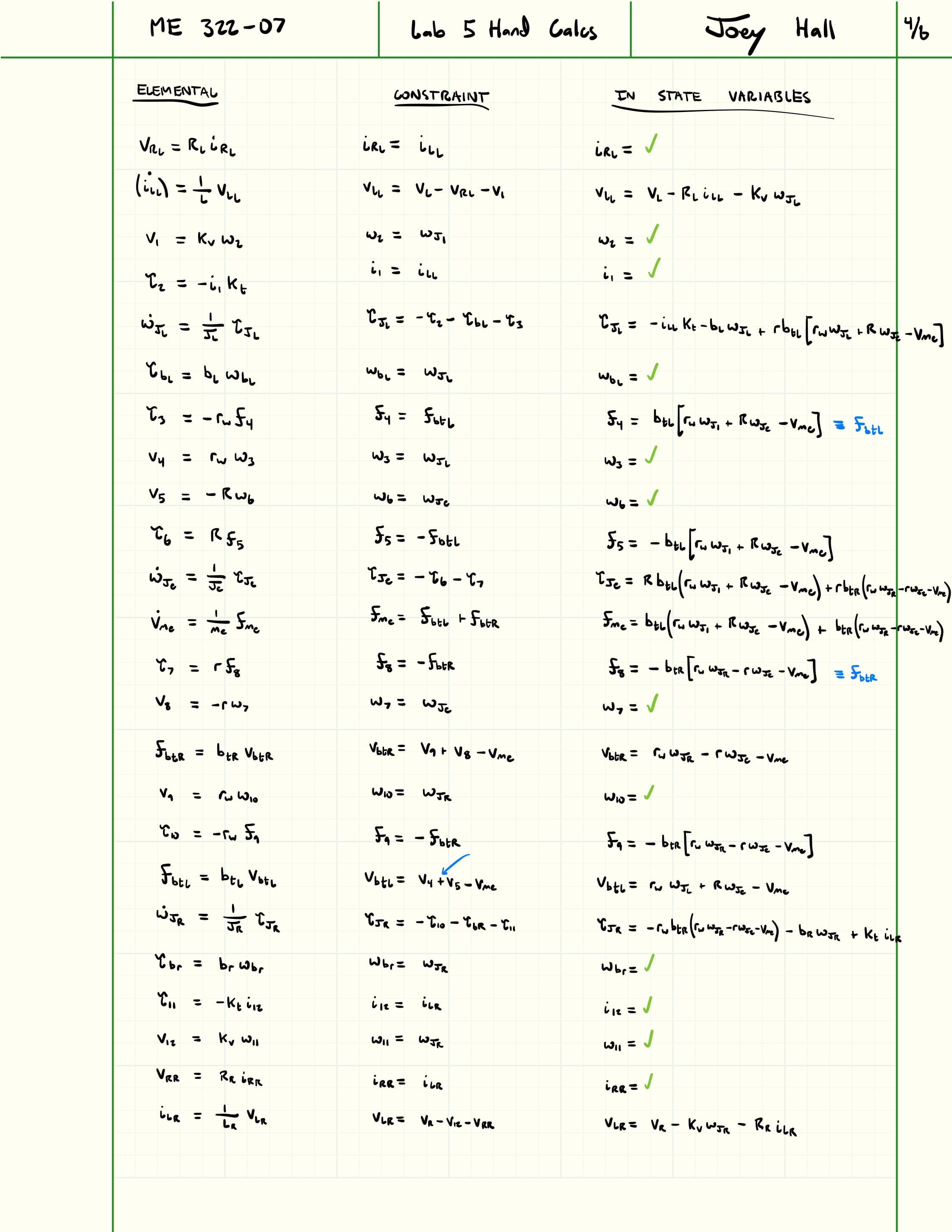 Fourth page of differential-drive robot hand calculations