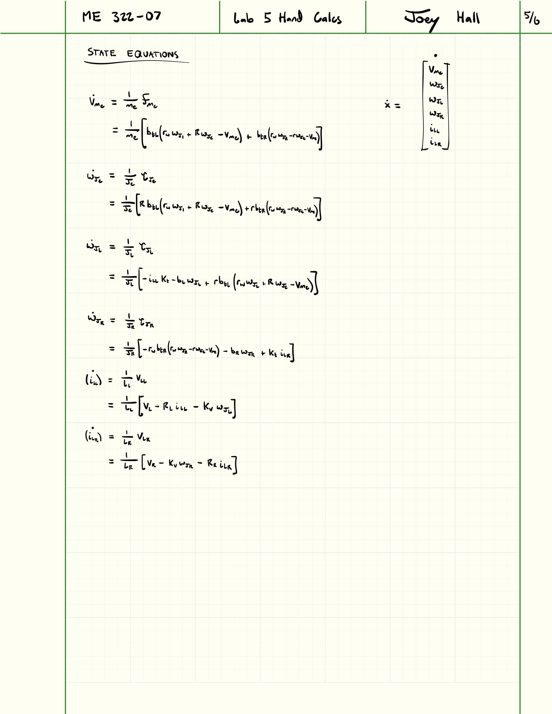 Fifth page of differential-drive robot hand calculations