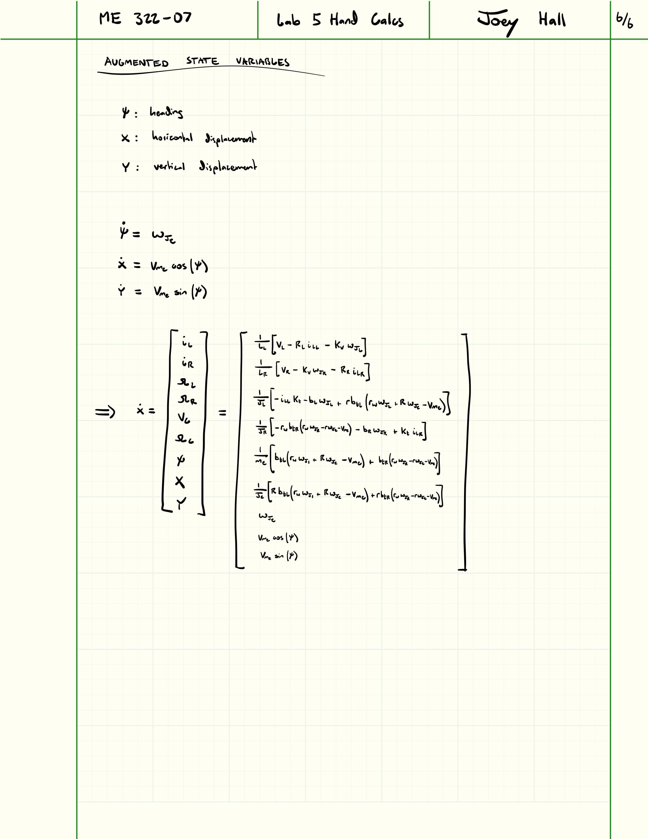 Sixth page of differential-drive robot hand calculations