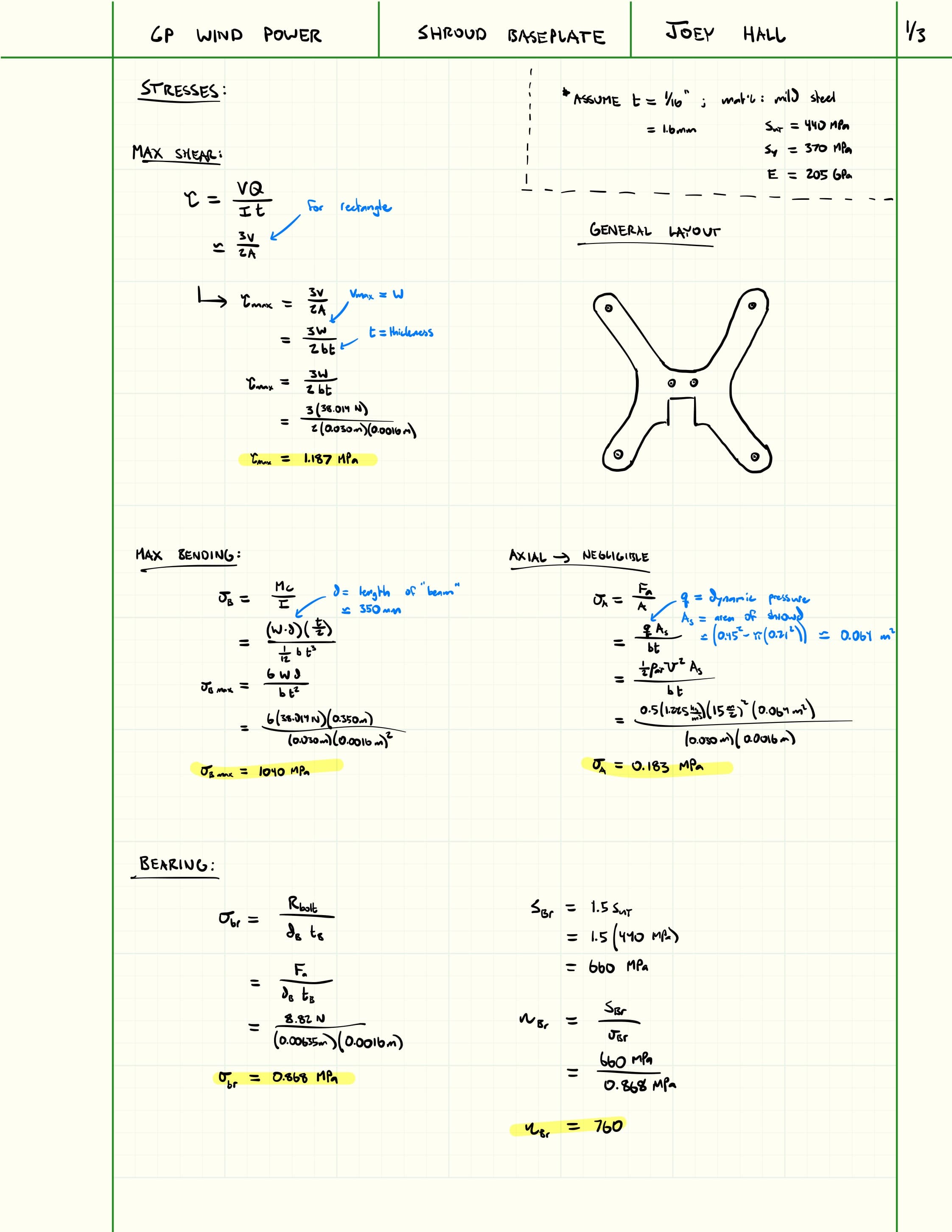 First page of wind turbine shroud baseplate hand calculations