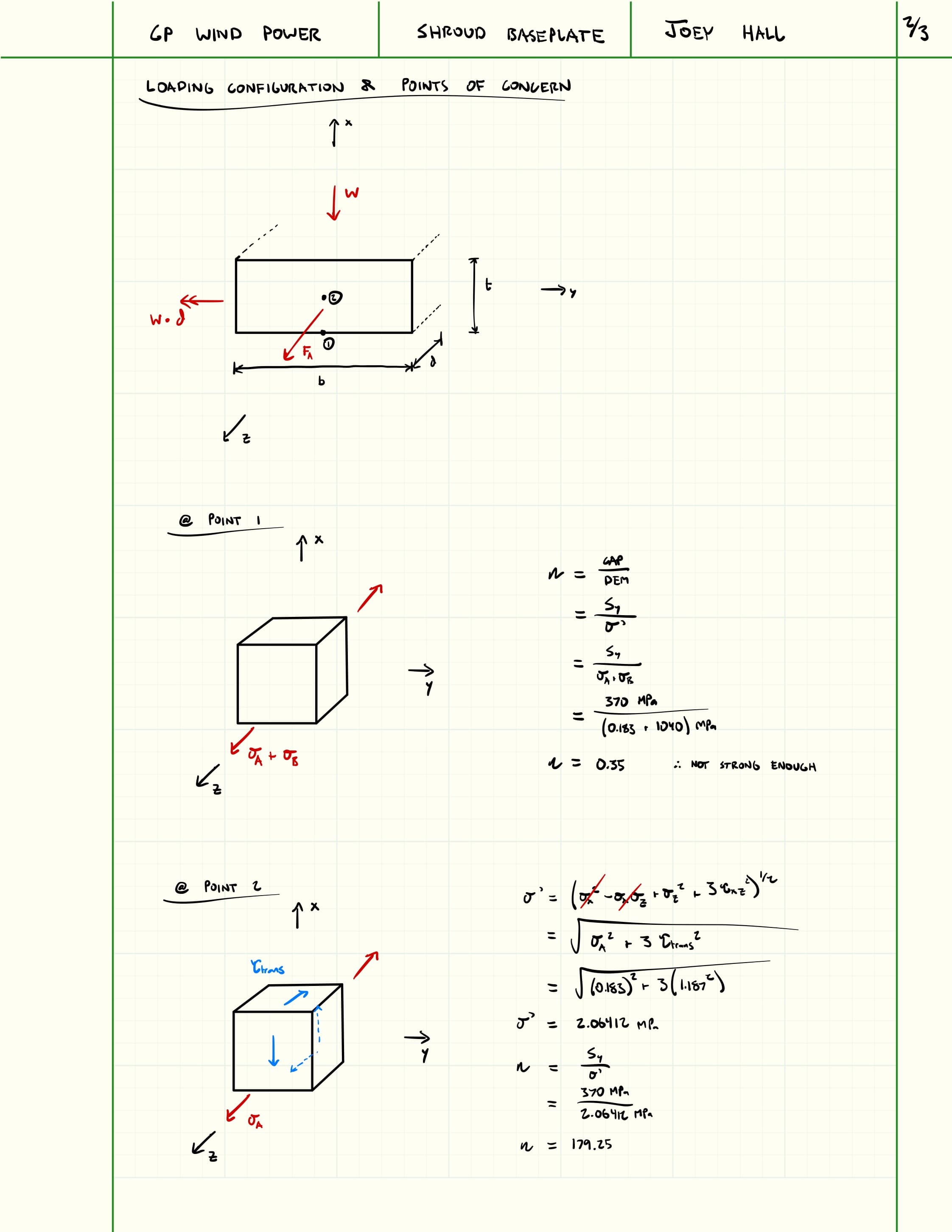 Second page of wind turbine shroud baseplate hand calculations