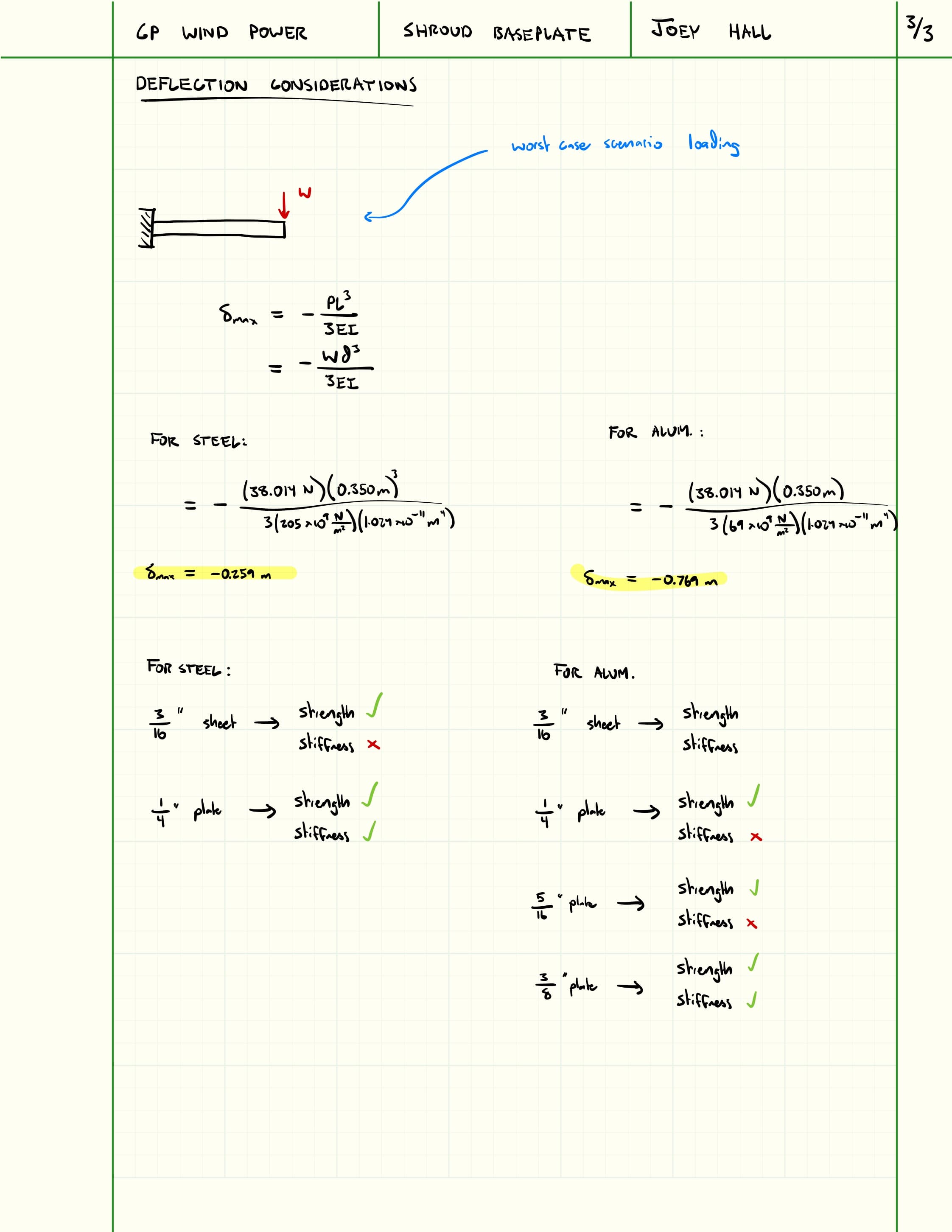 Third page of wind turbine shroud baseplate hand calculations
