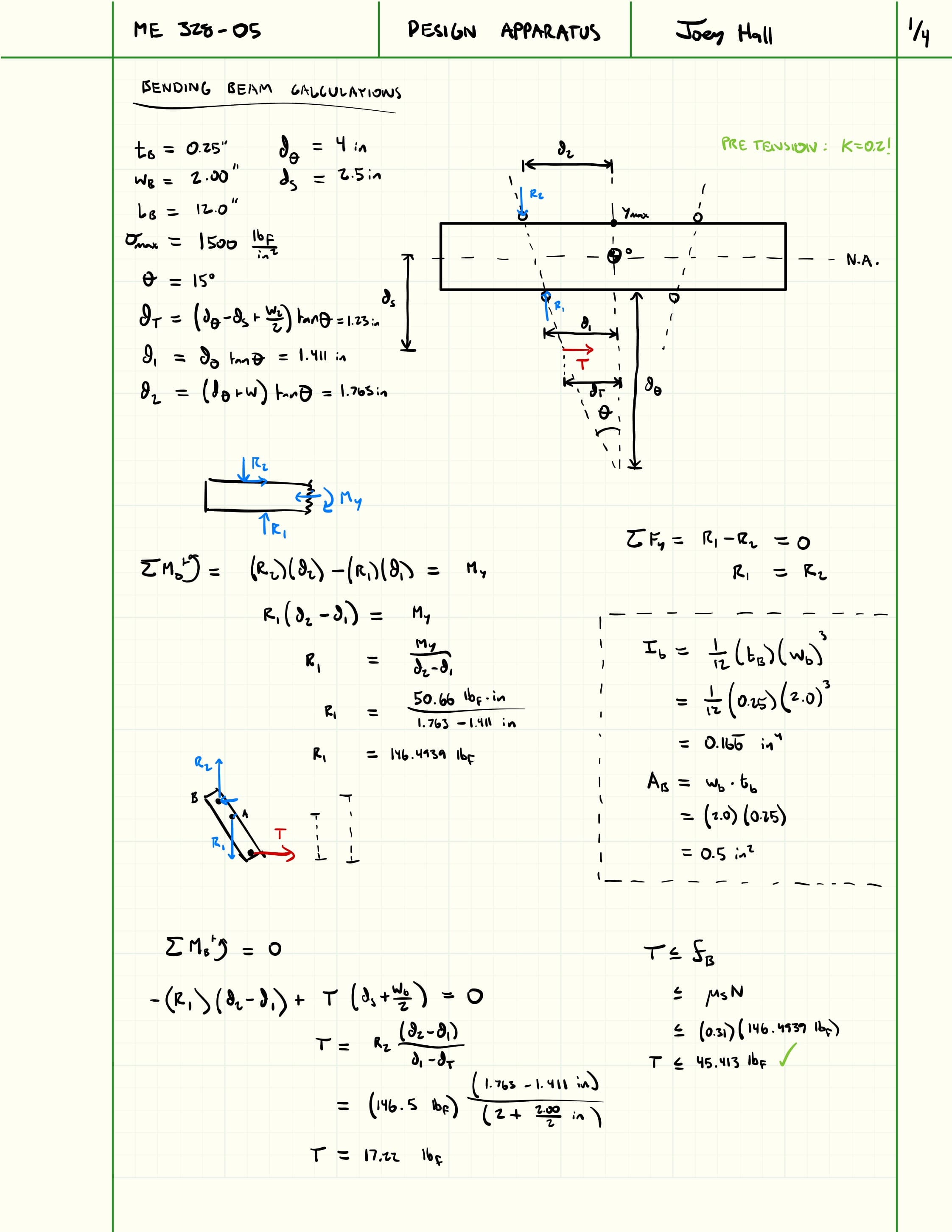 First page of hand calculations for the four-point bending apparatus