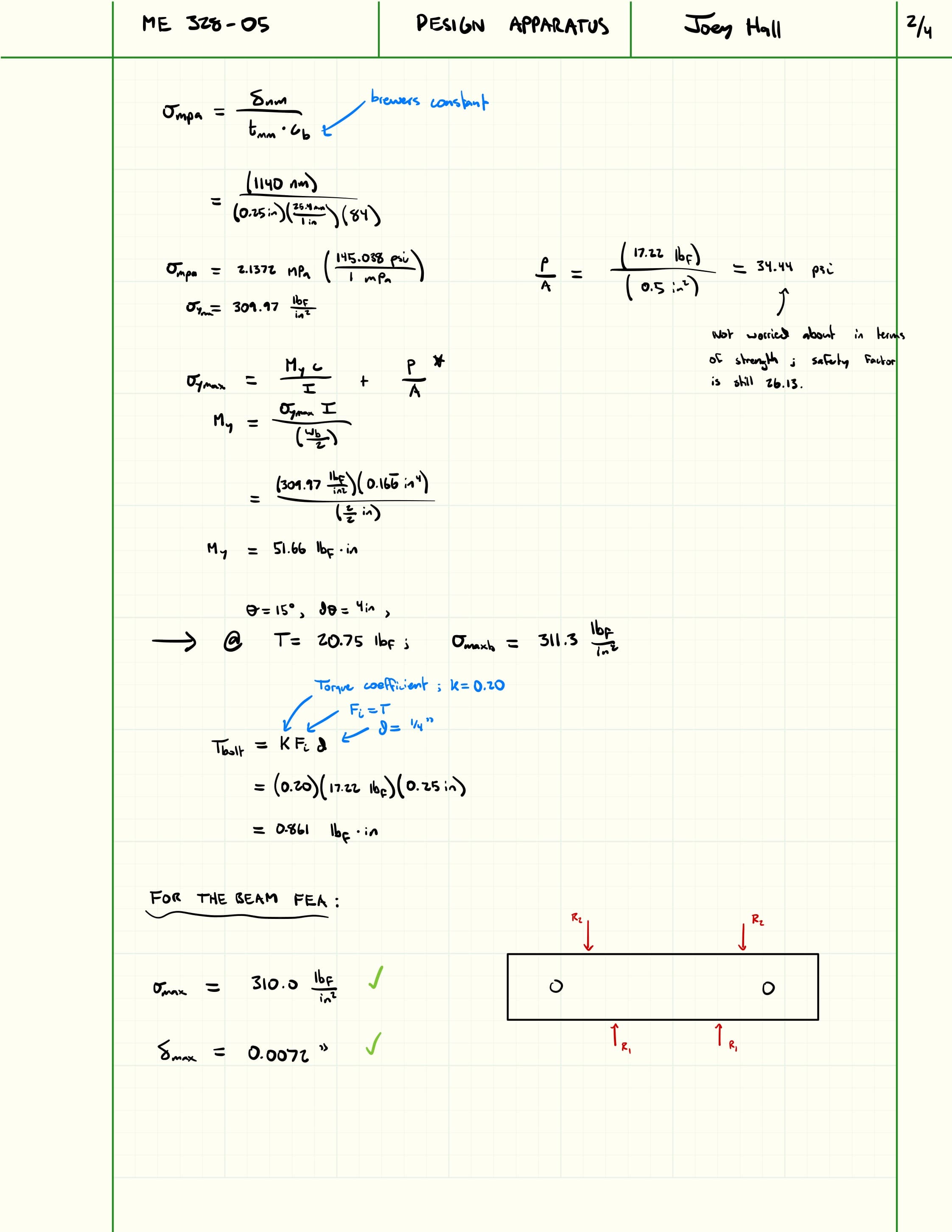 Second page of hand calculations for the four-point bending apparatus