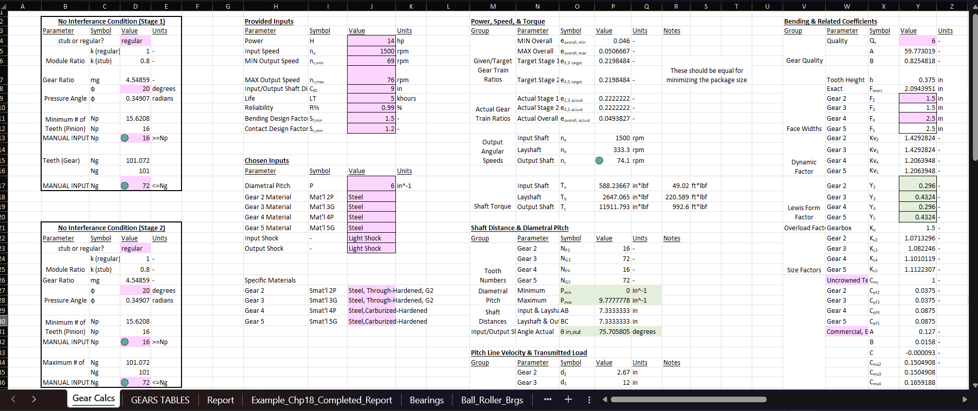 Gear design calculations in the transmission design tool