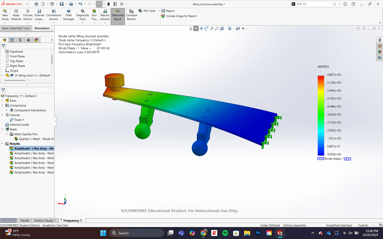 SolidWorks modal-analysis result for the model B747 wing
