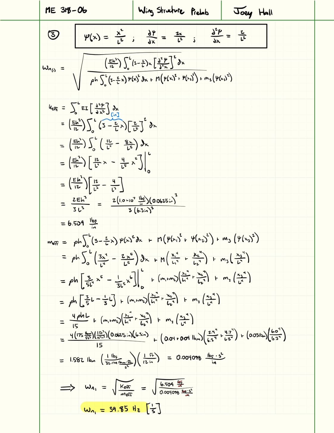 Hand calculations for the model B747 wing’s first natural frequency