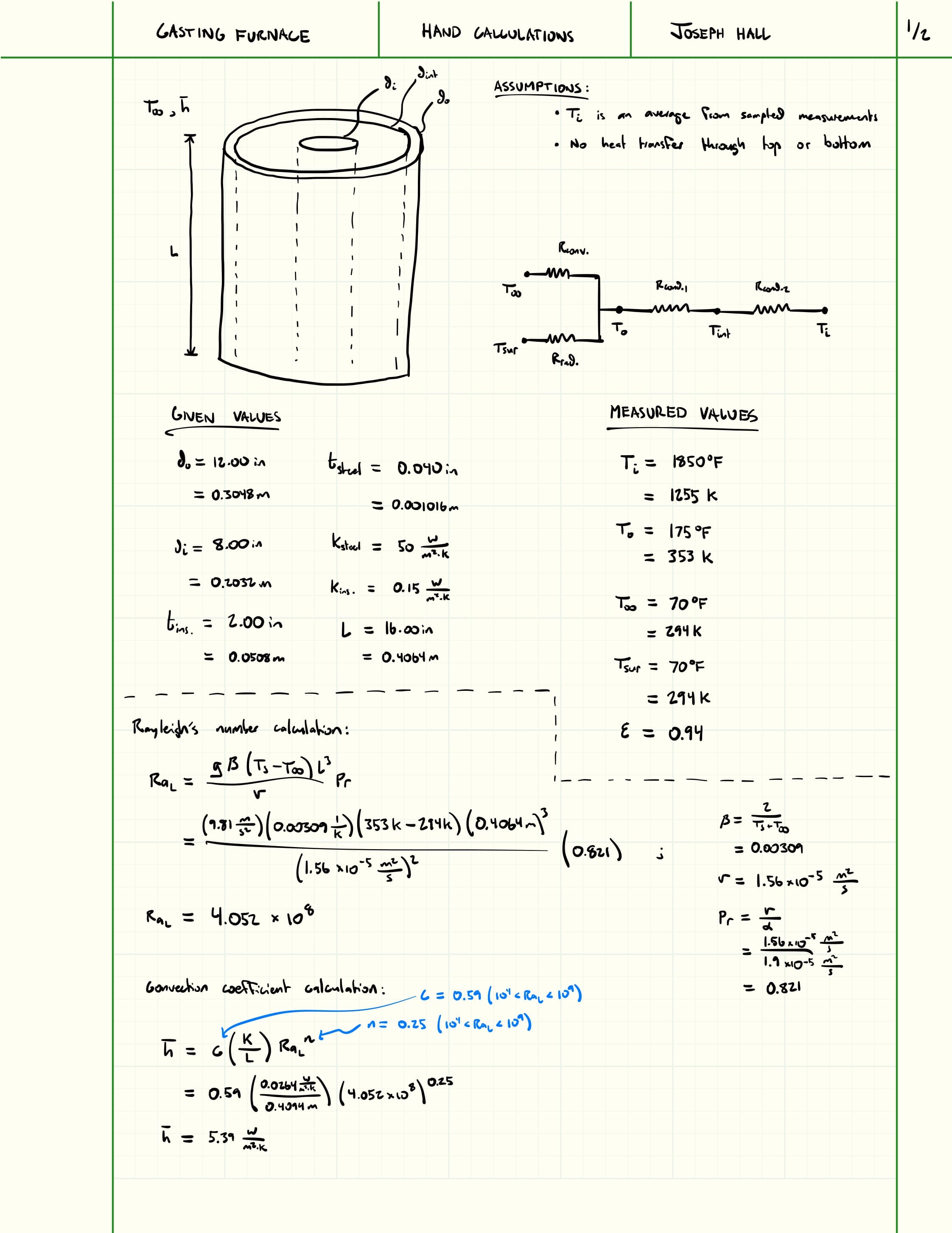 First page of casting furnace heat-transfer calculations