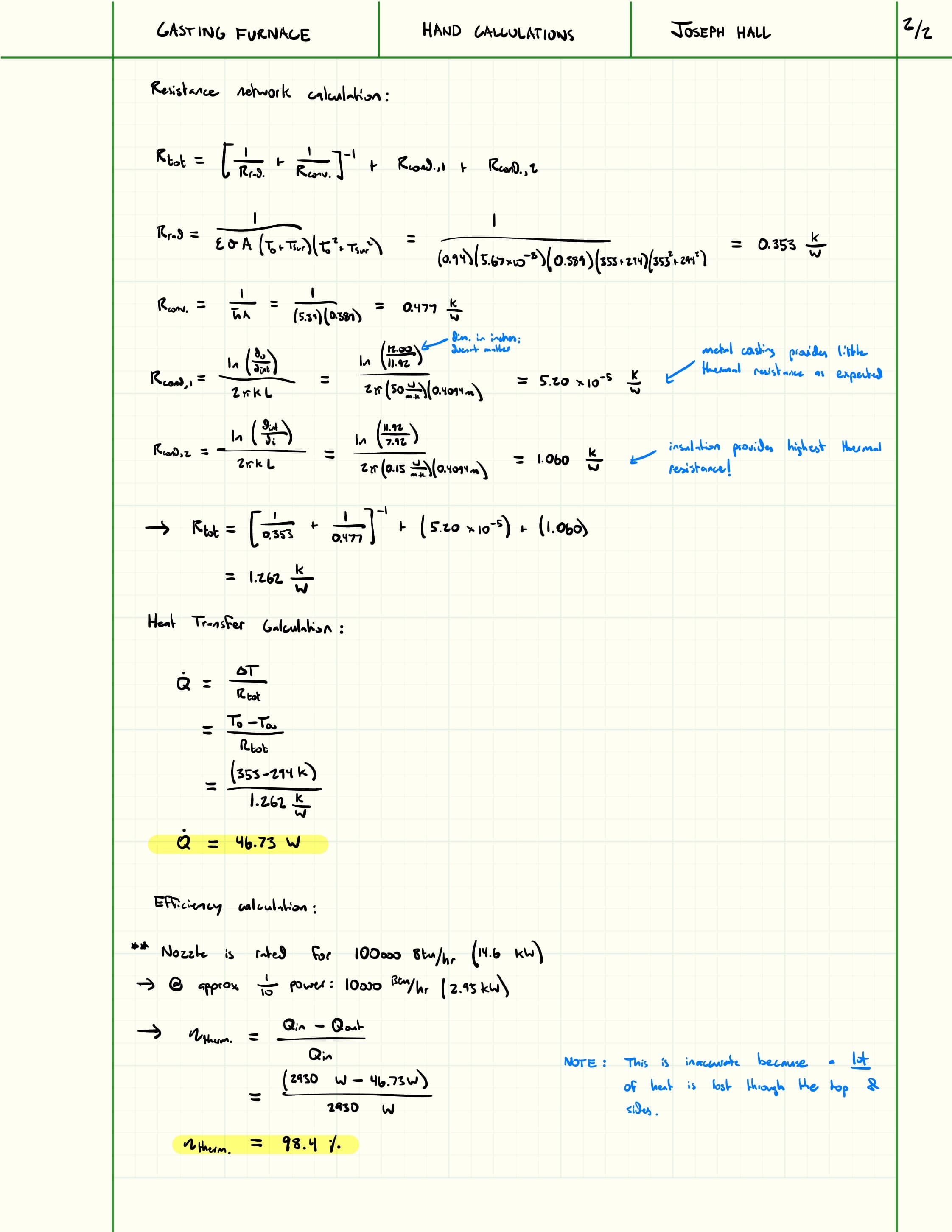Second page of casting furnace heat-transfer calculations