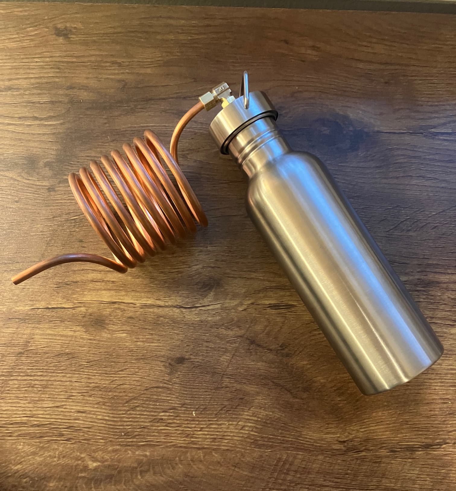 Compact desalination kit assembled from a stainless-steel bottle and copper tubing