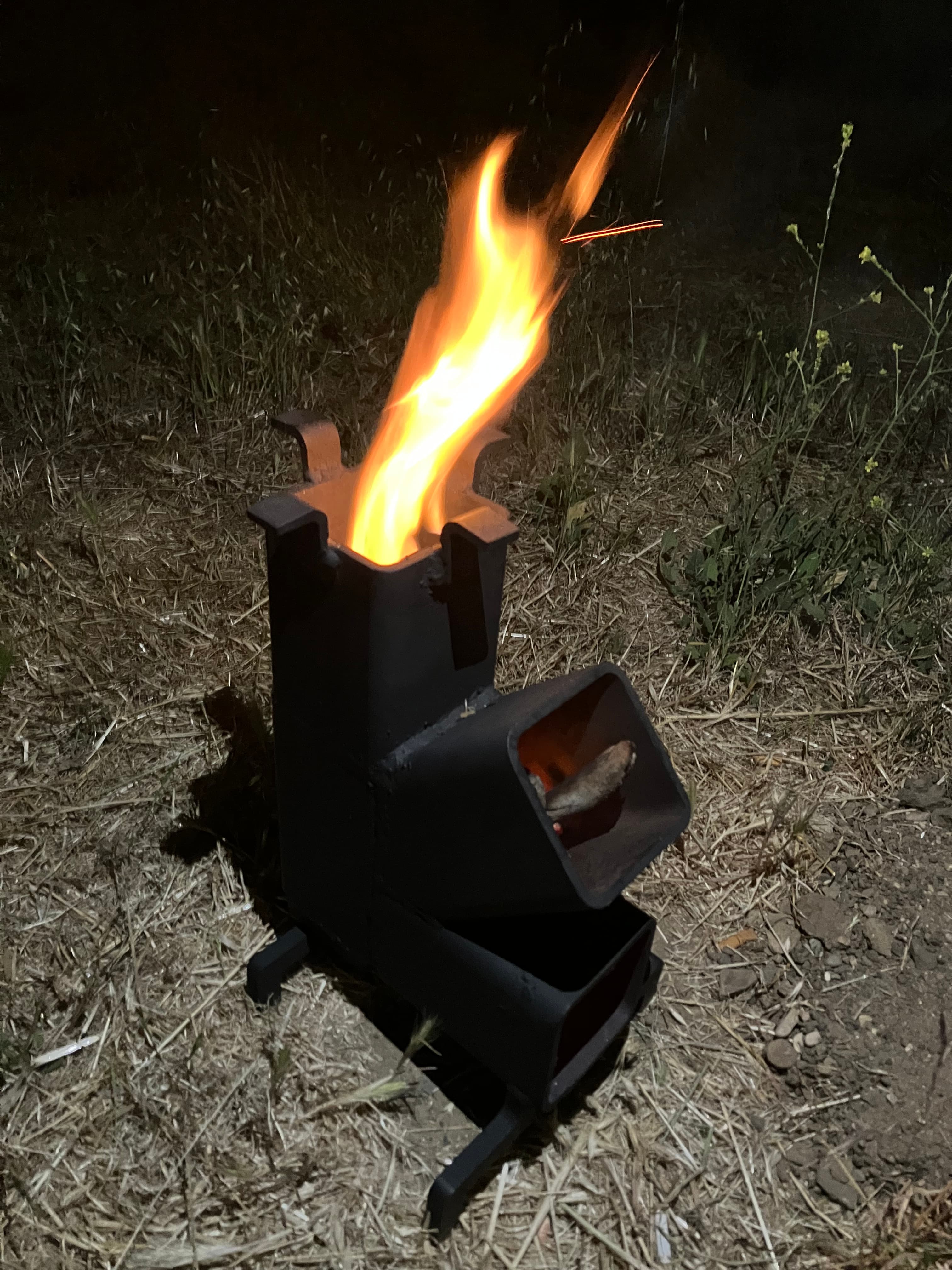 Rocket stove during its first wood-burning test
