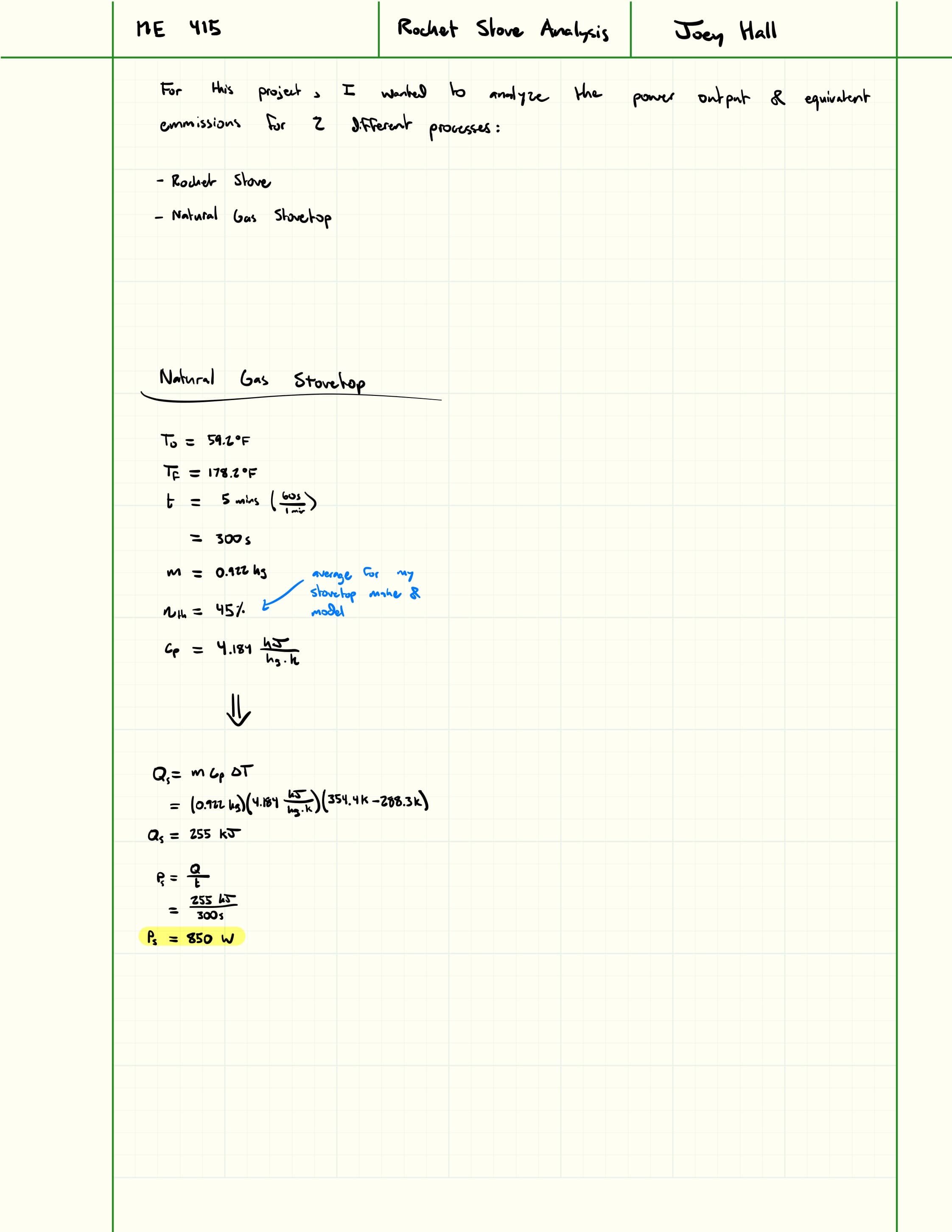First page of rocket stove thermodynamic calculations