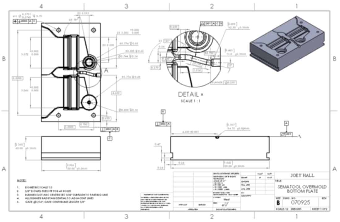 Engineering drawing for the bottom injection mold plate with confidential details obscured