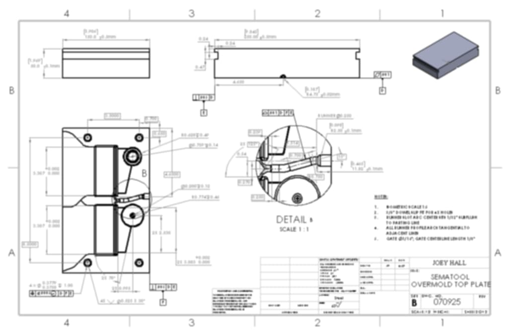 Engineering drawing for the top injection mold plate with confidential details obscured
