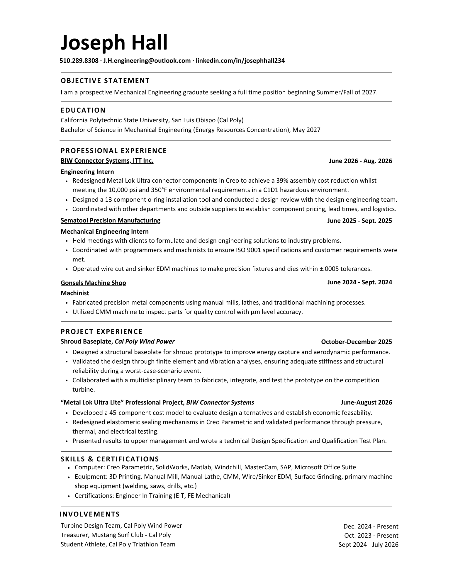 Joseph Hall mechanical engineering resume